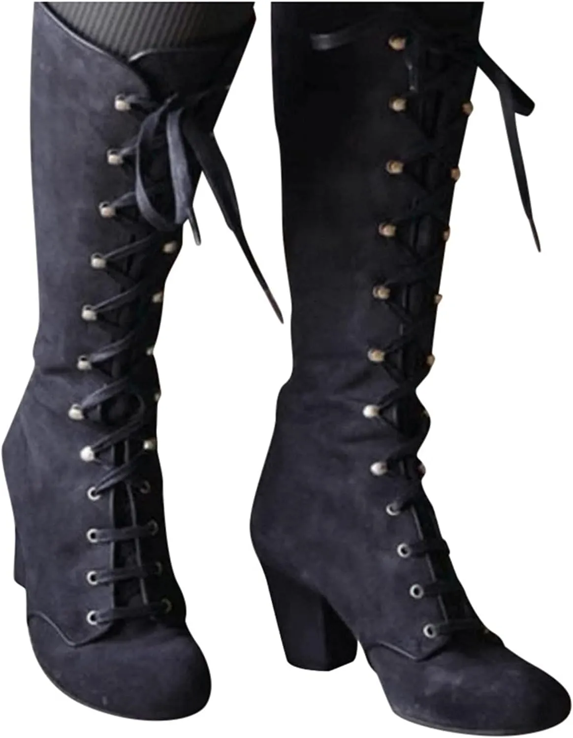 Bcshiye Women's Riding Booties Mid Calf Boots Retro Knee High Lace-up Combat Boots Chunky Heel Dress Western Booties