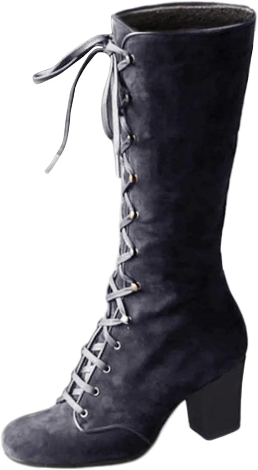 Bcshiye Women's Riding Booties Mid Calf Boots Retro Knee High Lace-up Combat Boots Chunky Heel Dress Western Booties
