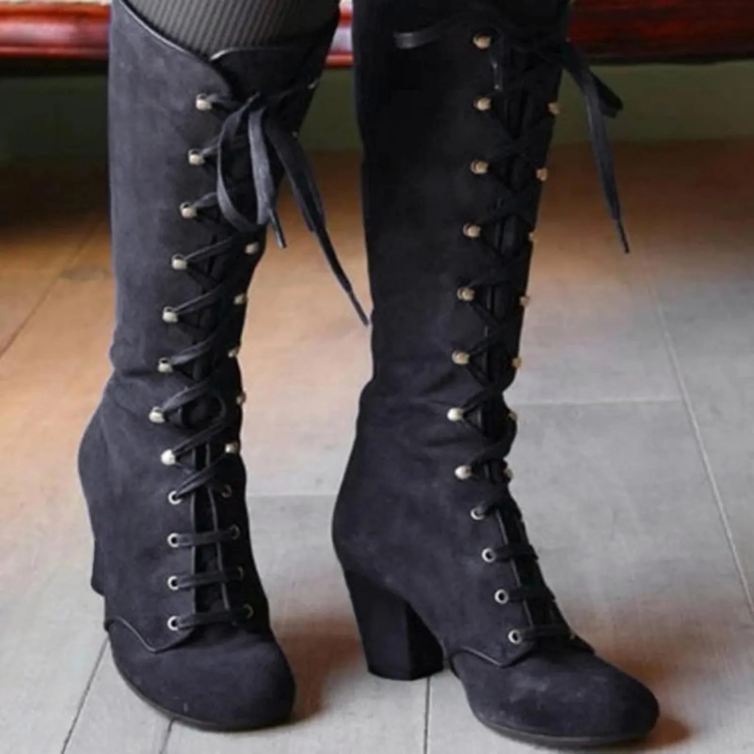 Bcshiye Women's Riding Booties Mid Calf Boots Retro Knee High Lace-up Combat Boots Chunky Heel Dress Western Booties