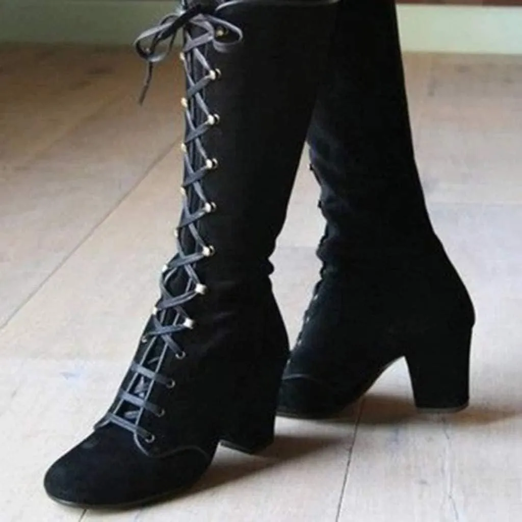 Bcshiye Women's Riding Booties Mid Calf Boots Retro Knee High Lace-up Combat Boots Chunky Heel Dress Western Booties