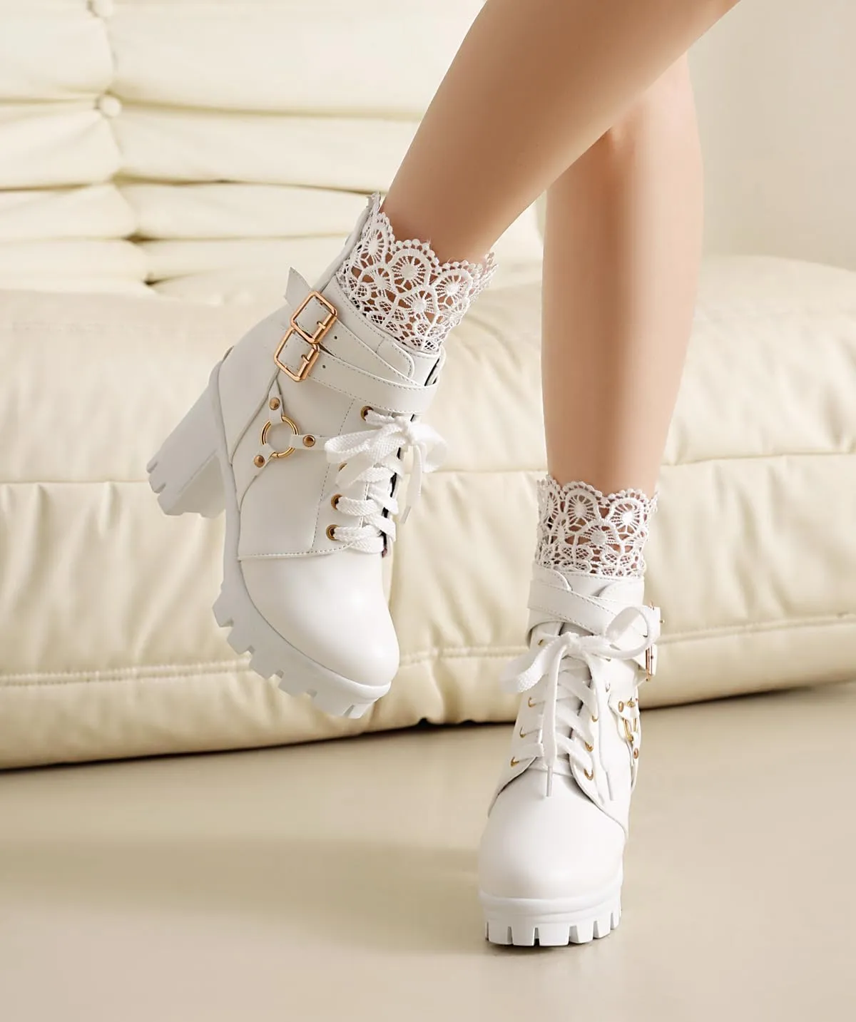 BEAUPAS Women's Gothic Combat Boots Lace Up Platform Ankle Boots with Buckles Chunky High Heel