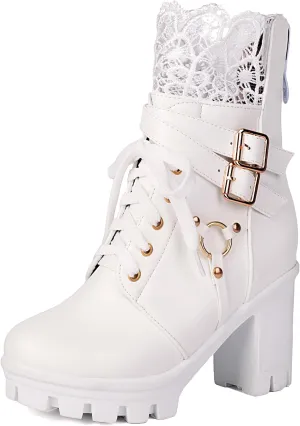 BEAUPAS Women's Gothic Combat Boots Lace Up Platform Ankle Boots with Buckles Chunky High Heel