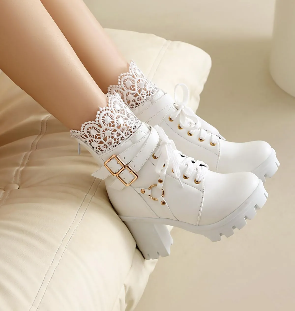BEAUPAS Women's Gothic Combat Boots Lace Up Platform Ankle Boots with Buckles Chunky High Heel