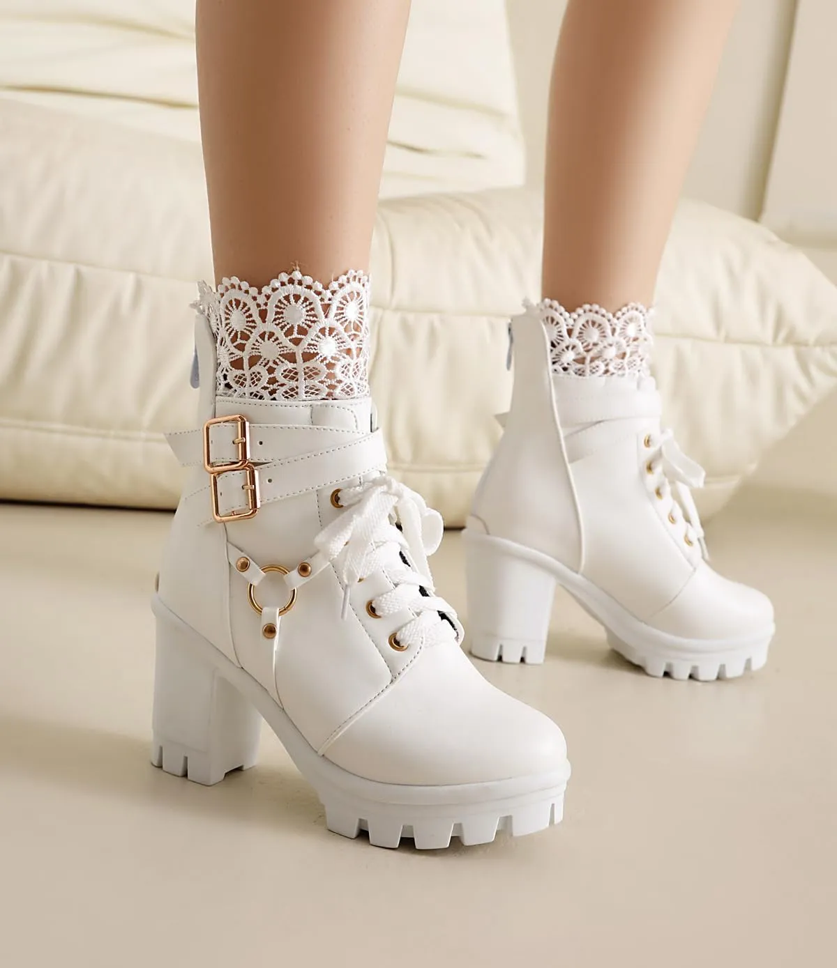 BEAUPAS Women's Gothic Combat Boots Lace Up Platform Ankle Boots with Buckles Chunky High Heel