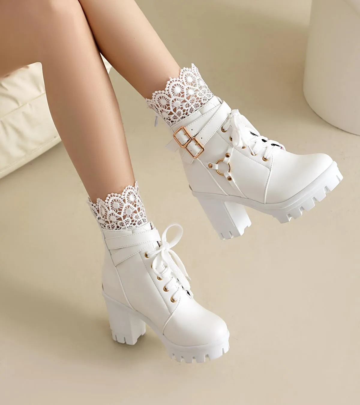 BEAUPAS Women's Gothic Combat Boots Lace Up Platform Ankle Boots with Buckles Chunky High Heel