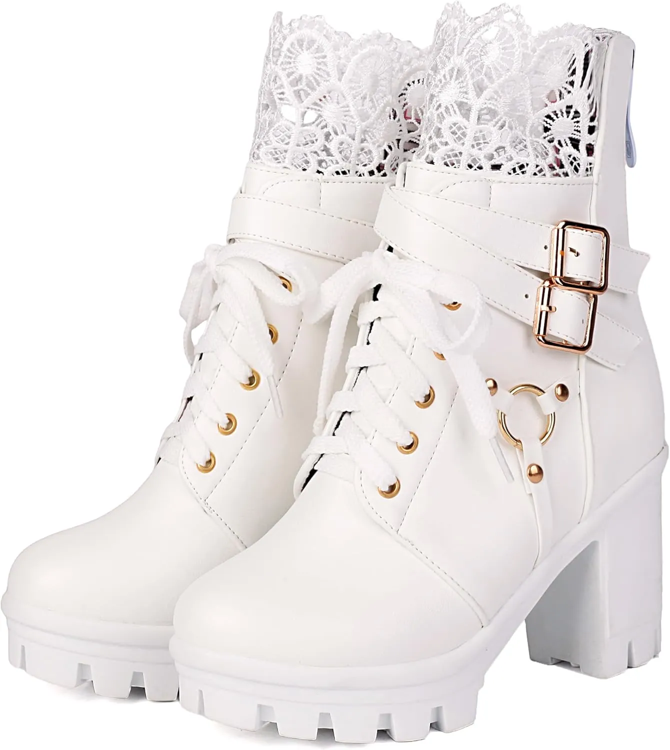 BEAUPAS Women's Gothic Combat Boots Lace Up Platform Ankle Boots with Buckles Chunky High Heel