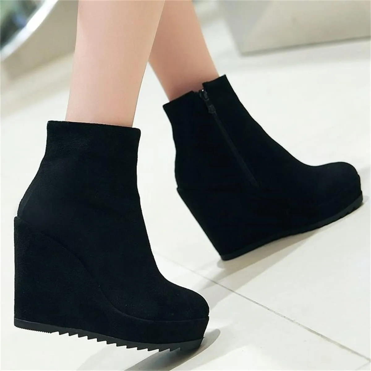 Betastella Women's Wedge Platform Ankle Boots Faux Suede Heels Zip Up Booties