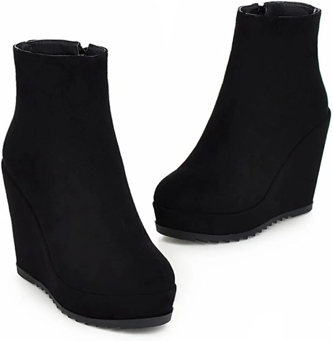 Betastella Women's Wedge Platform Ankle Boots Faux Suede Heels Zip Up Booties