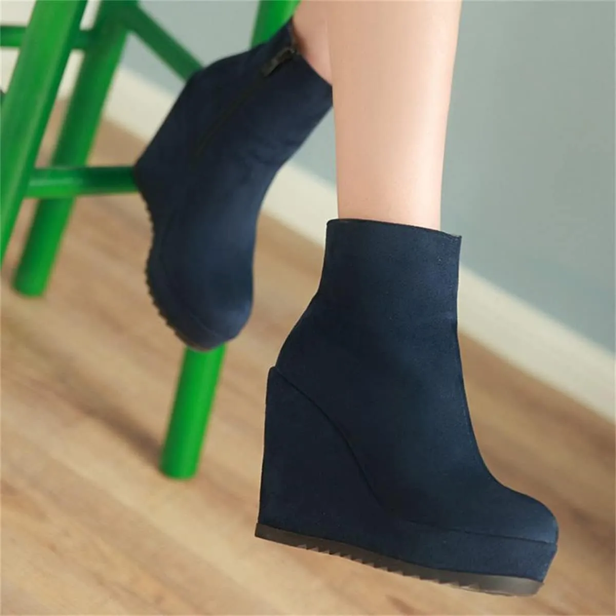 Betastella Women's Wedge Platform Ankle Boots Faux Suede Heels Zip Up Booties