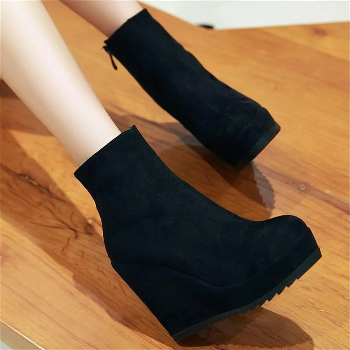 Betastella Women's Wedge Platform Ankle Boots Faux Suede Heels Zip Up Booties
