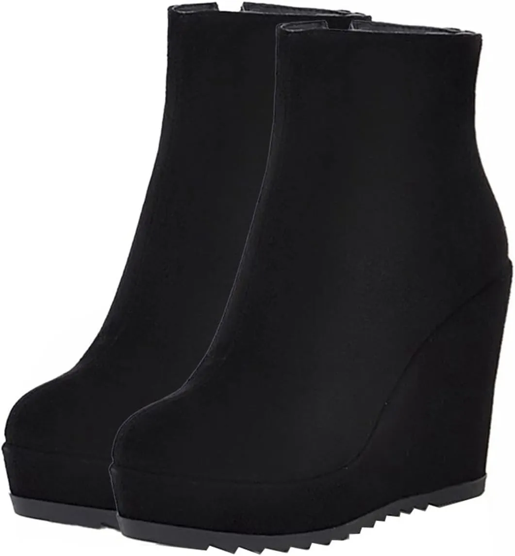Betastella Women's Wedge Platform Ankle Boots Faux Suede Heels Zip Up Booties