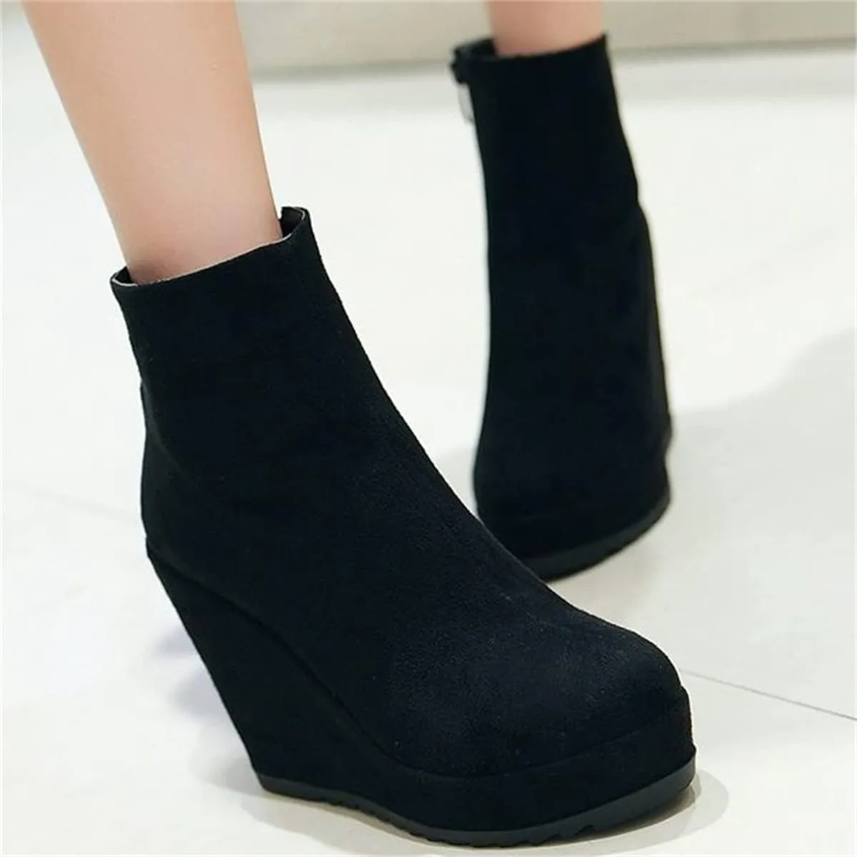 Betastella Women's Wedge Platform Ankle Boots Faux Suede Heels Zip Up Booties