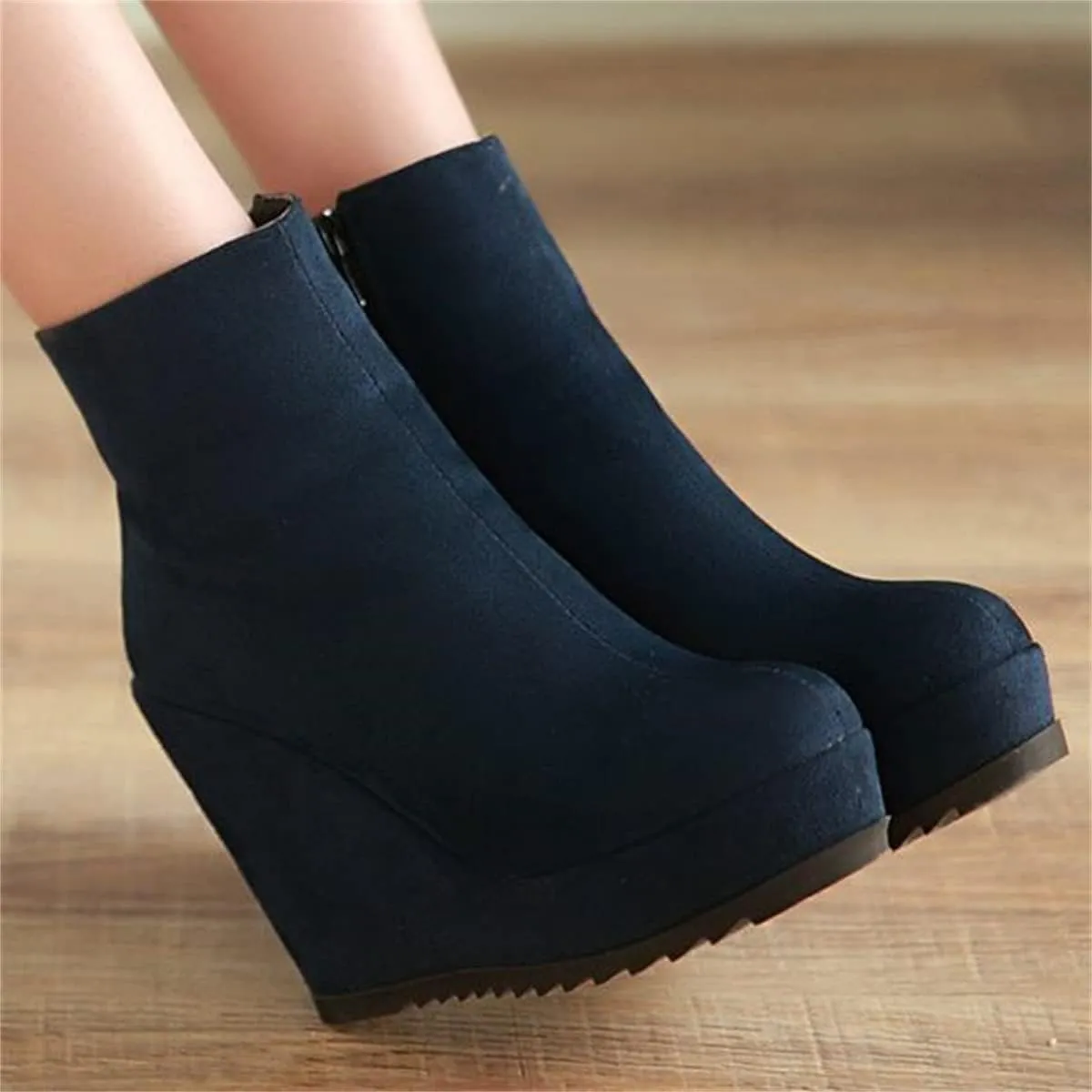 Betastella Women's Wedge Platform Ankle Boots Faux Suede Heels Zip Up Booties