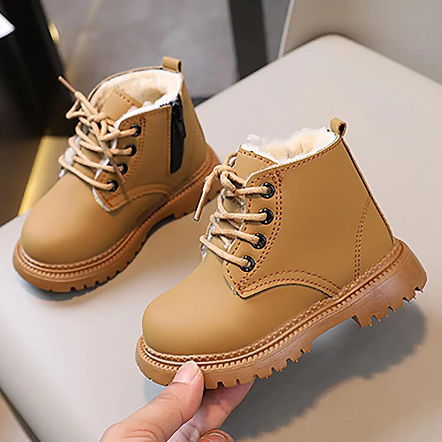 Boys Girls Zipper Ankle Boots Classic Lace up Ankle Outdoor Boots Cold Weather Non Slip Winter Booties