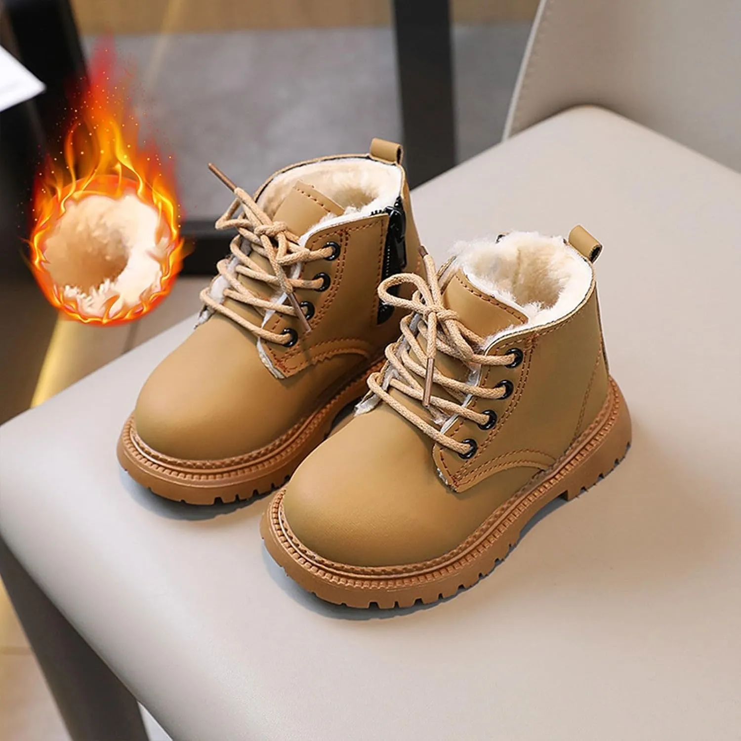 Boys Girls Zipper Ankle Boots Classic Lace up Ankle Outdoor Boots Cold Weather Non Slip Winter Booties