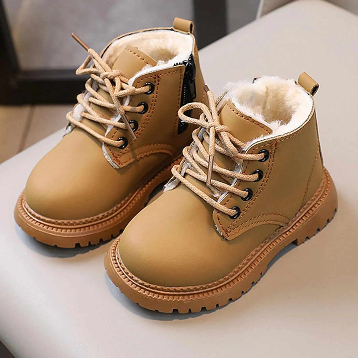 Boys Girls Zipper Ankle Boots Classic Lace up Ankle Outdoor Boots Cold Weather Non Slip Winter Booties