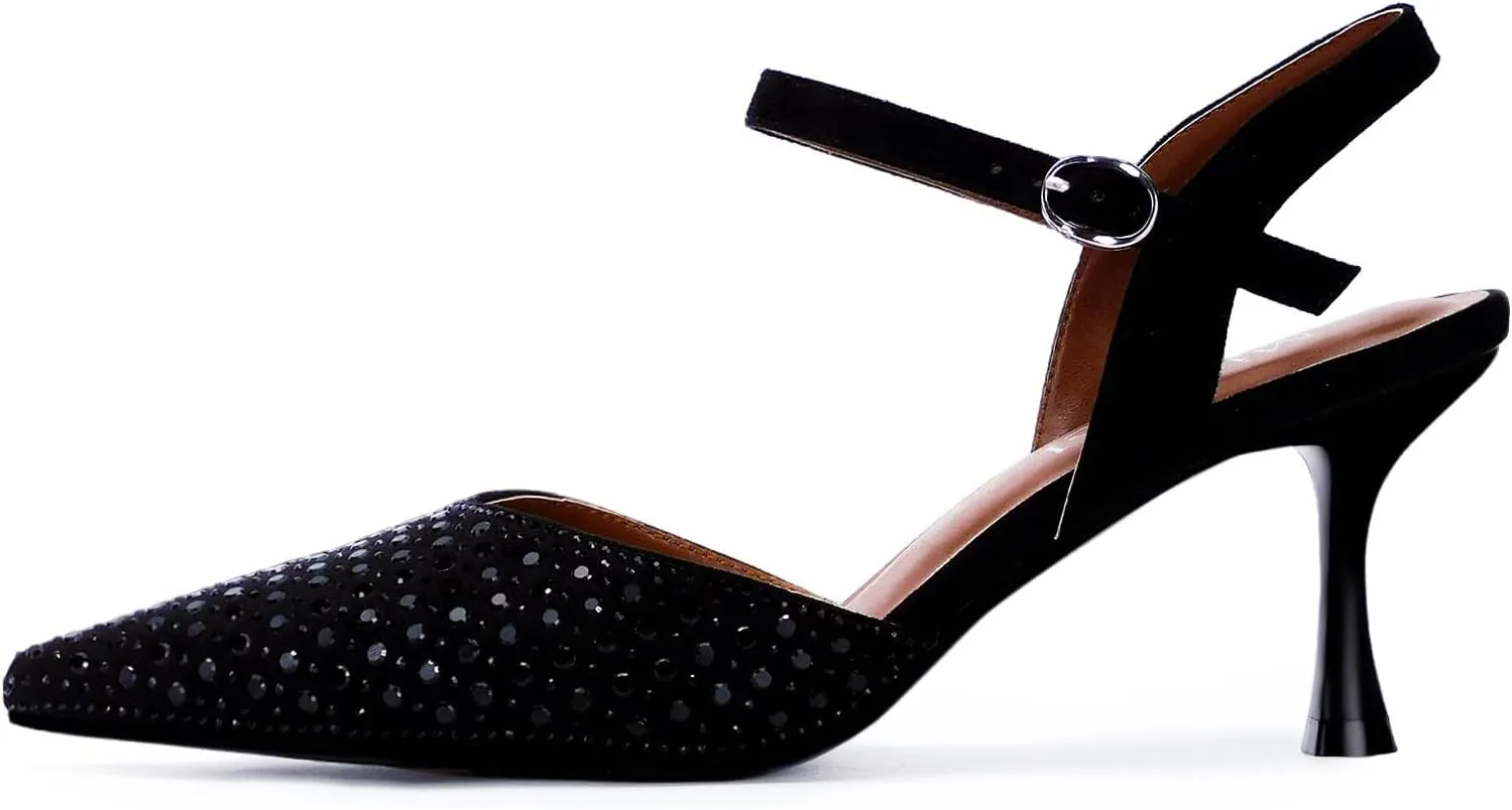 Burgundy Rhinestone Kitten Heels for Women Pointed Toe Wedding Party Shoes with Adjustable Buckle Elegant Prom Dress Heels 2.7 inch Stiletto Heel