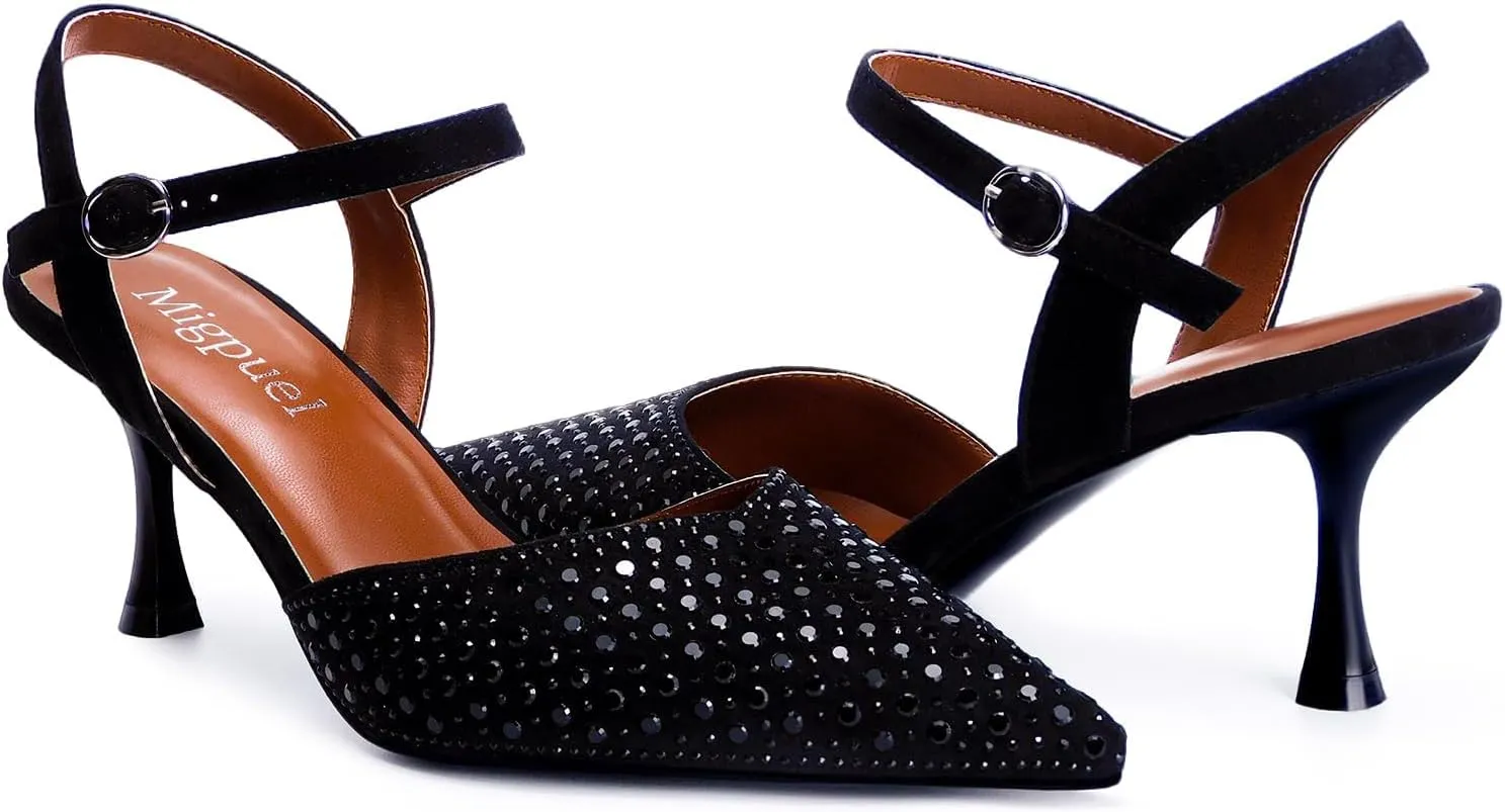 Burgundy Rhinestone Kitten Heels for Women Pointed Toe Wedding Party Shoes with Adjustable Buckle Elegant Prom Dress Heels 2.7 inch Stiletto Heel