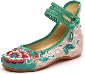 Chinese Traditional Floral Embroidered Shoes for Women Ethnic Style Round Toe Ankle Strap Canvas Sandals Handmade Mary Jane Flat Dress Loafers