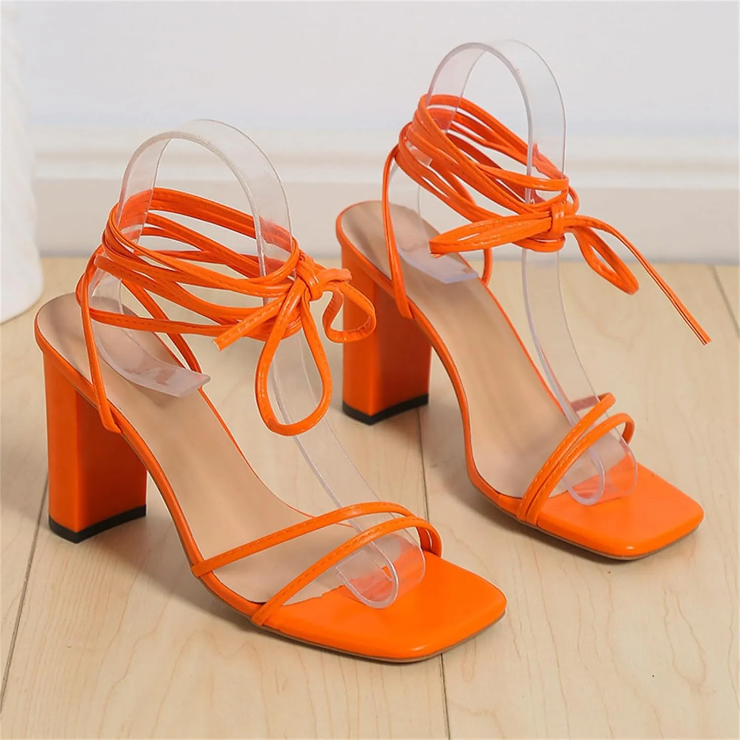 Chunky Block High Strappy Heels for Women Square Pump Heeled Sandals Open Toe Lace Up Fashion Party Wedding Prom Dress Shoes