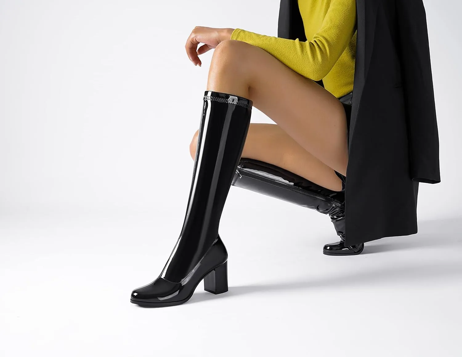 CKSNDLF Women's Knee High Go Go Boots Square Toe Slouch Boots Side Zipper Ladies Party Dance Shoes