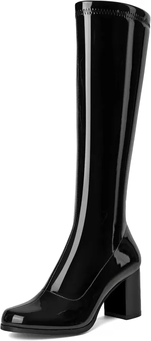 CKSNDLF Women's Knee High Go Go Boots Square Toe Slouch Boots Side Zipper Ladies Party Dance Shoes