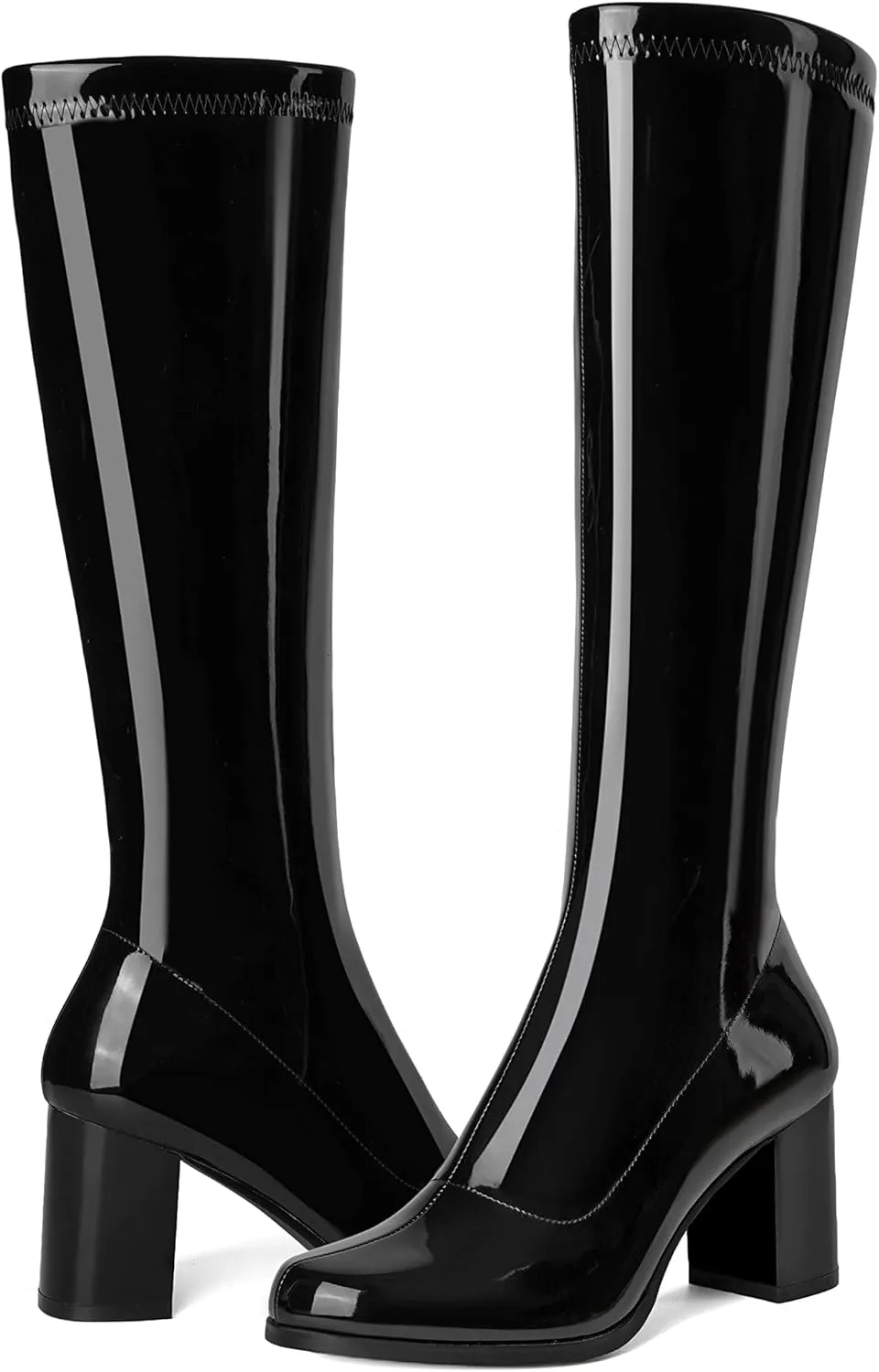 CKSNDLF Women's Knee High Go Go Boots Square Toe Slouch Boots Side Zipper Ladies Party Dance Shoes