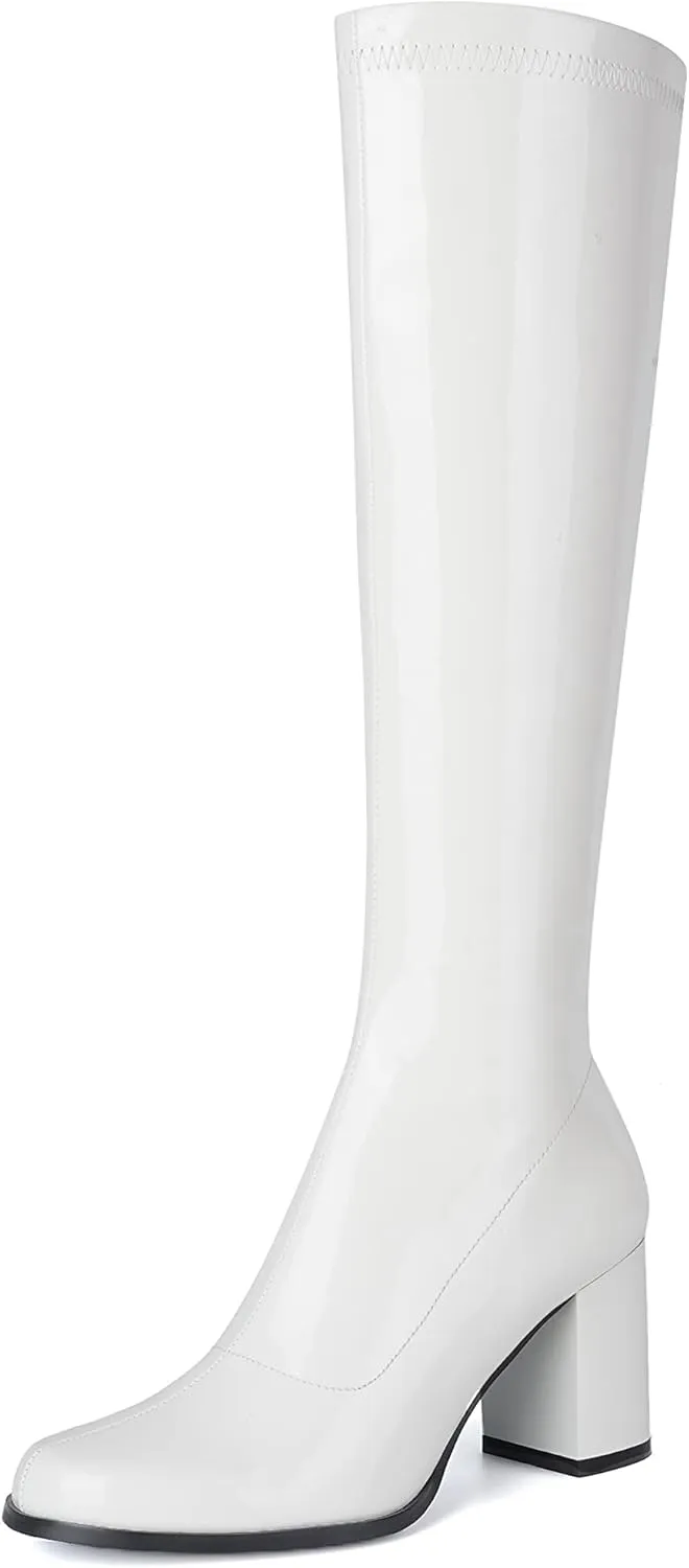 CKSNDLF Women's Knee High Go Go Boots Square Toe Slouch Boots Side Zipper Ladies Party Dance Shoes