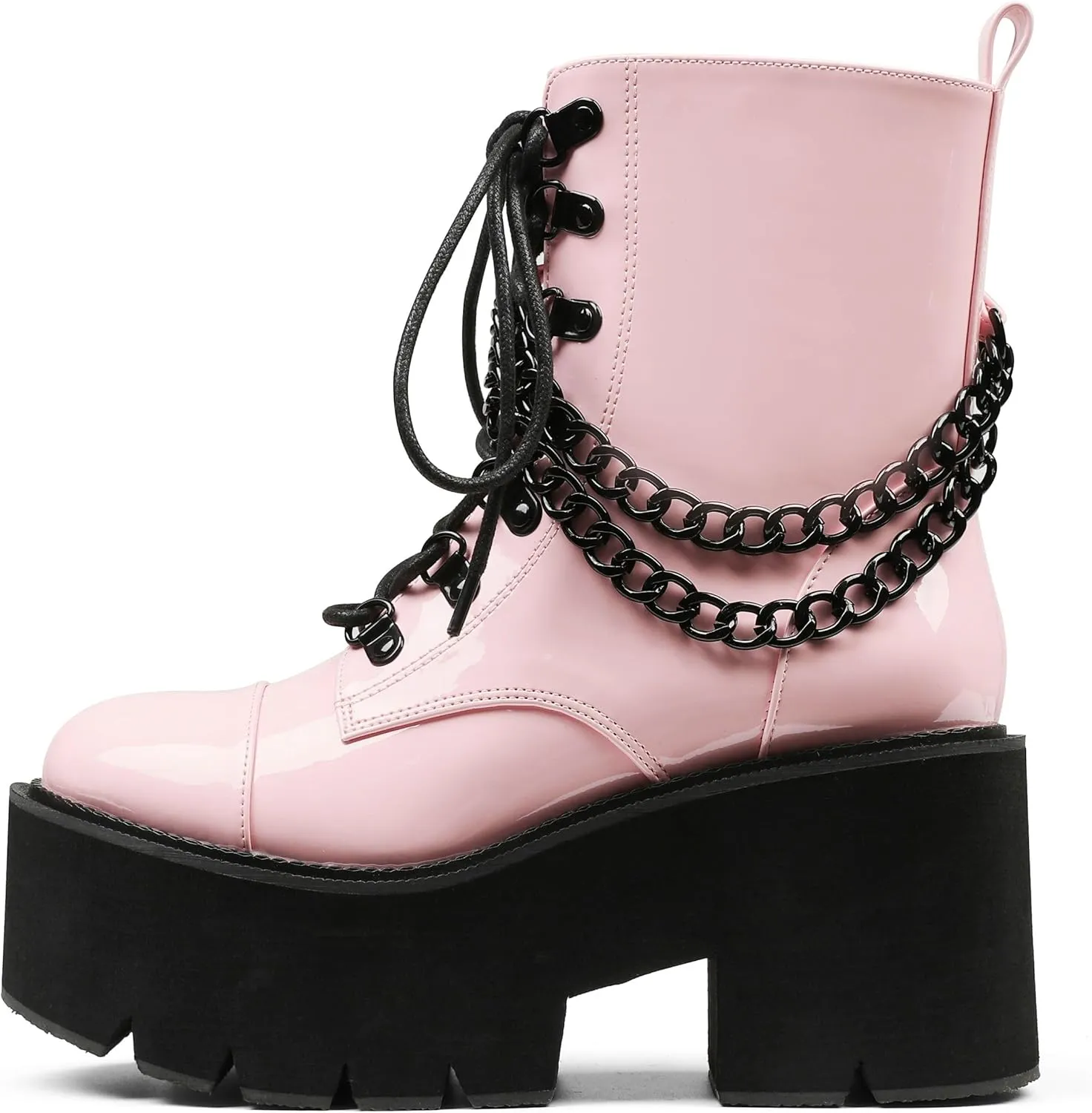 CYNLLIO Fashion Block Heel Platform Combat Ankle Booties Women's Lace up Studded Motorcycle Boots Mid Calf Boots