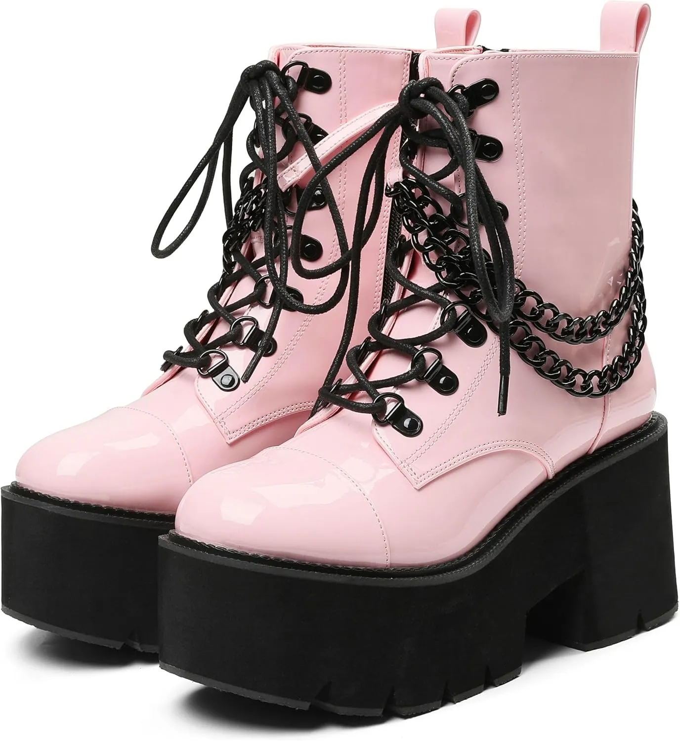 CYNLLIO Fashion Block Heel Platform Combat Ankle Booties Women's Lace up Studded Motorcycle Boots Mid Calf Boots