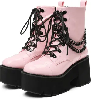 CYNLLIO Fashion Block Heel Platform Combat Ankle Booties Women's Lace up Studded Motorcycle Boots Mid Calf Boots