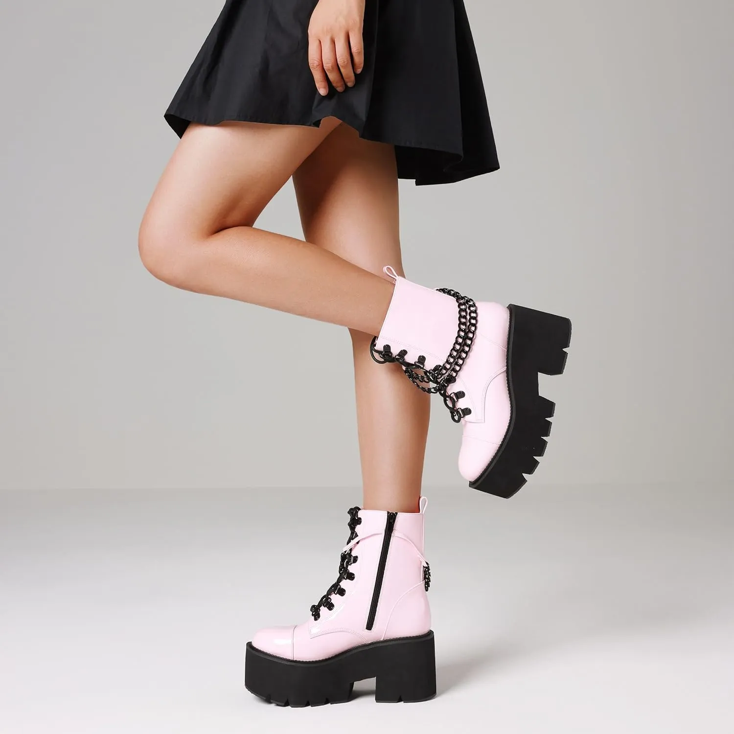 CYNLLIO Fashion Block Heel Platform Combat Ankle Booties Women's Lace up Studded Motorcycle Boots Mid Calf Boots