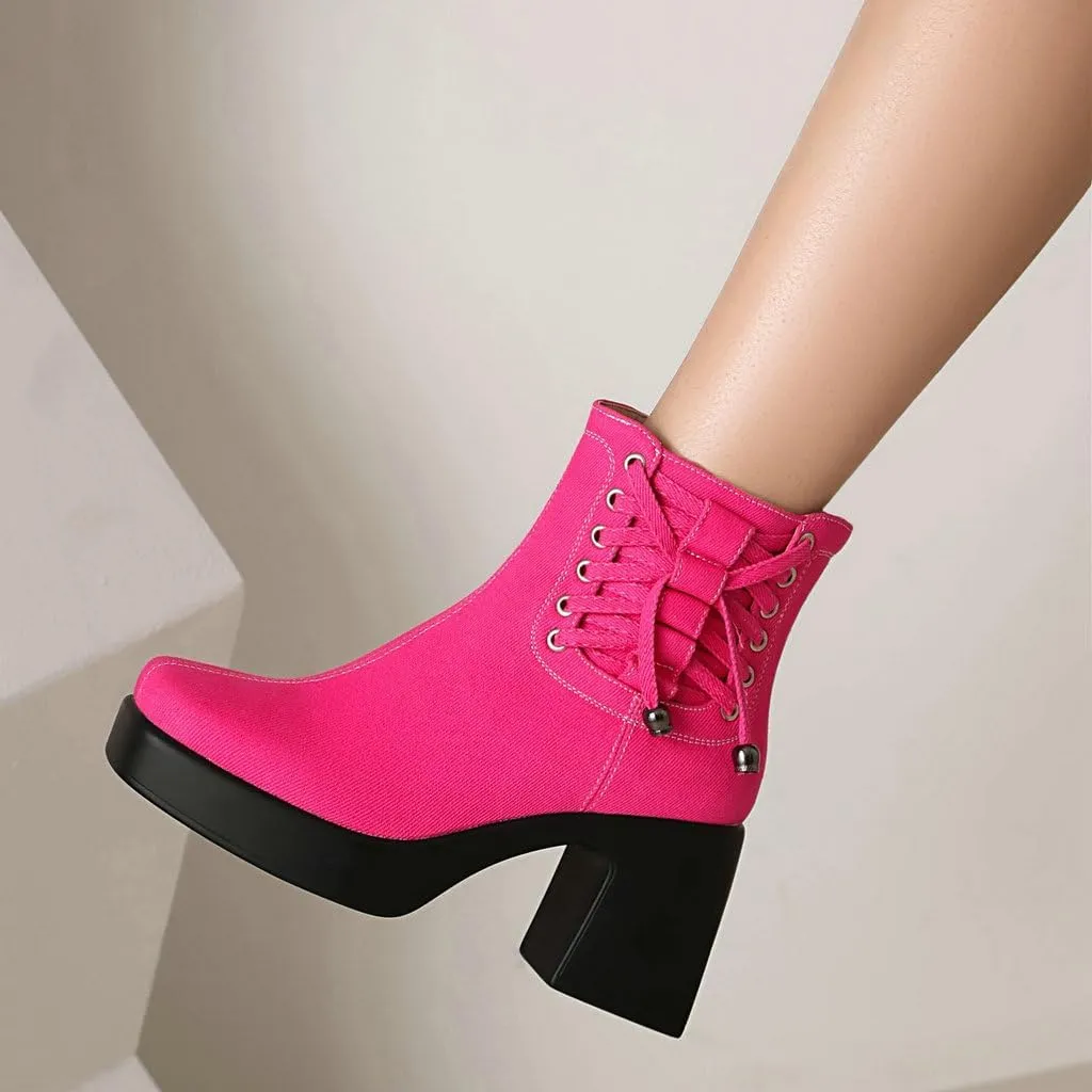 DINTAHA Denim Chunky Platform Ankle Boots Square Toe Ankle Boots High Heeled Booties