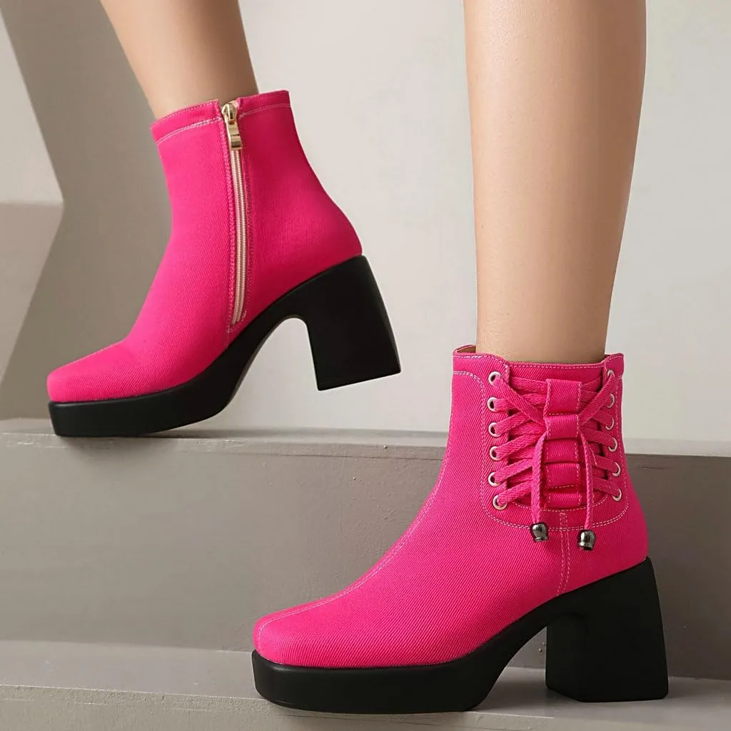 DINTAHA Denim Chunky Platform Ankle Boots Square Toe Ankle Boots High Heeled Booties