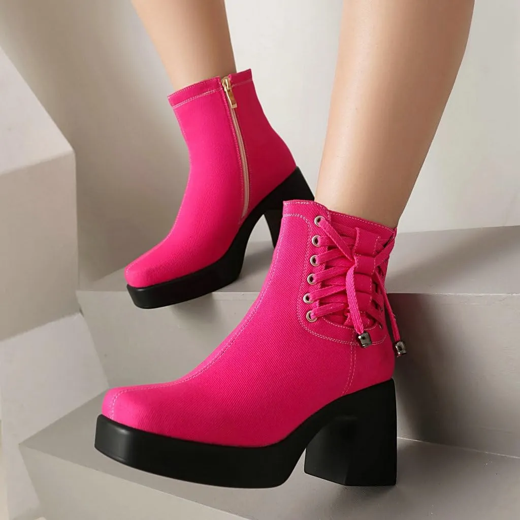 DINTAHA Denim Chunky Platform Ankle Boots Square Toe Ankle Boots High Heeled Booties