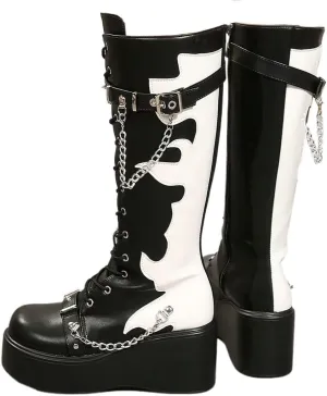 DINTAHA Goth Boots With Chains Platform Knee High Combat Boots Chunky Heeled Combat Boots Gothic Boots