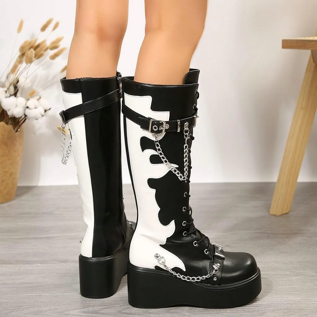 DINTAHA Goth Boots With Chains Platform Knee High Combat Boots Chunky Heeled Combat Boots Gothic Boots