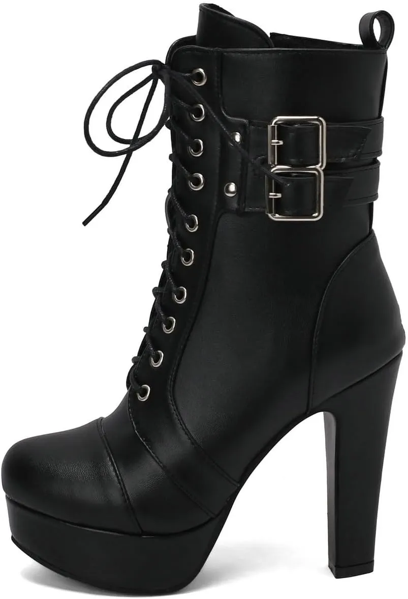 DINTAHA Lace Up Platform Combat Boots High Chunky Heeled Booties With Buckles