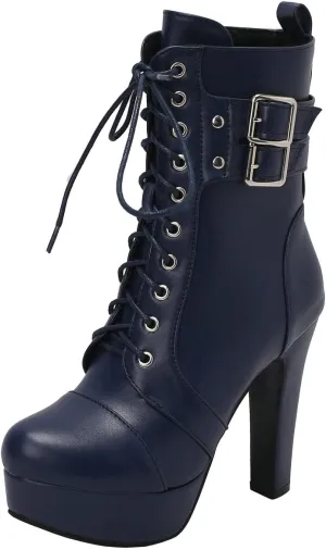 DINTAHA Lace Up Platform Combat Boots High Chunky Heeled Booties With Buckles