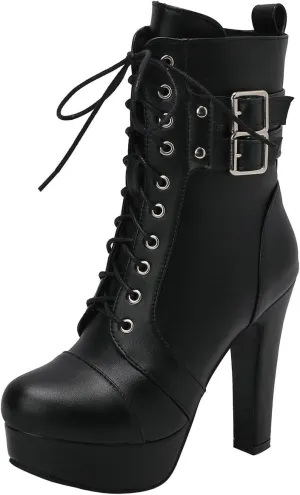DINTAHA Lace Up Platform Combat Boots High Chunky Heeled Booties With Buckles