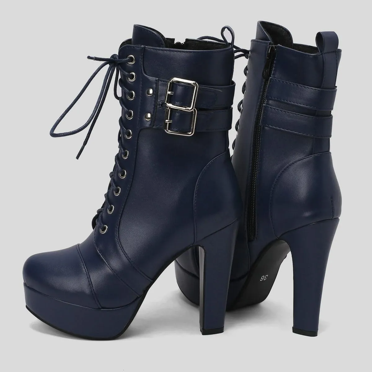 DINTAHA Lace Up Platform Combat Boots High Chunky Heeled Booties With Buckles