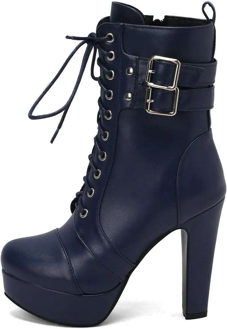 DINTAHA Lace Up Platform Combat Boots High Chunky Heeled Booties With Buckles