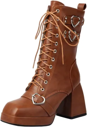 DINTAHA Womens Chunky Heeled Combat Boots Goth Platform Boots with Buckles Lace Up Platform Boots Square Toe Gothic Boots