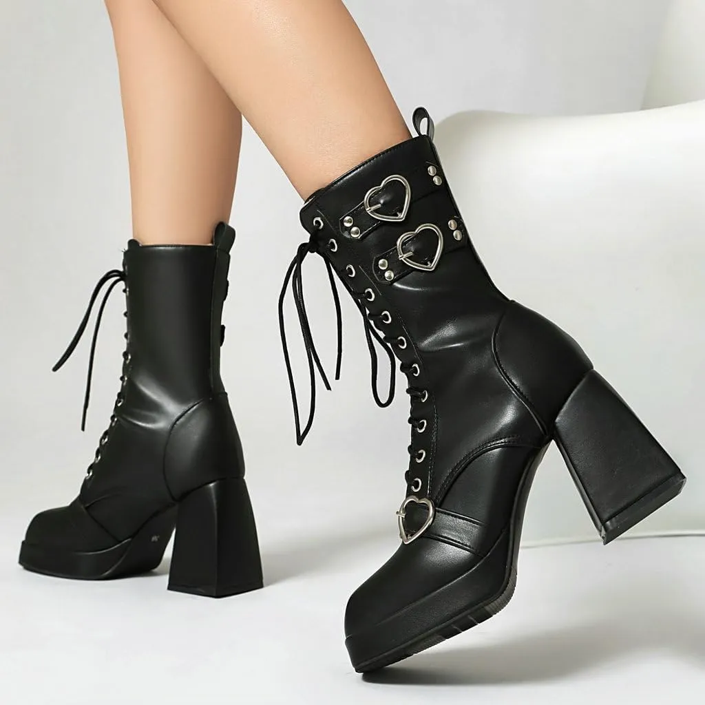 DINTAHA Womens Chunky Heeled Combat Boots Goth Platform Boots with Buckles Lace Up Platform Boots Square Toe Gothic Boots