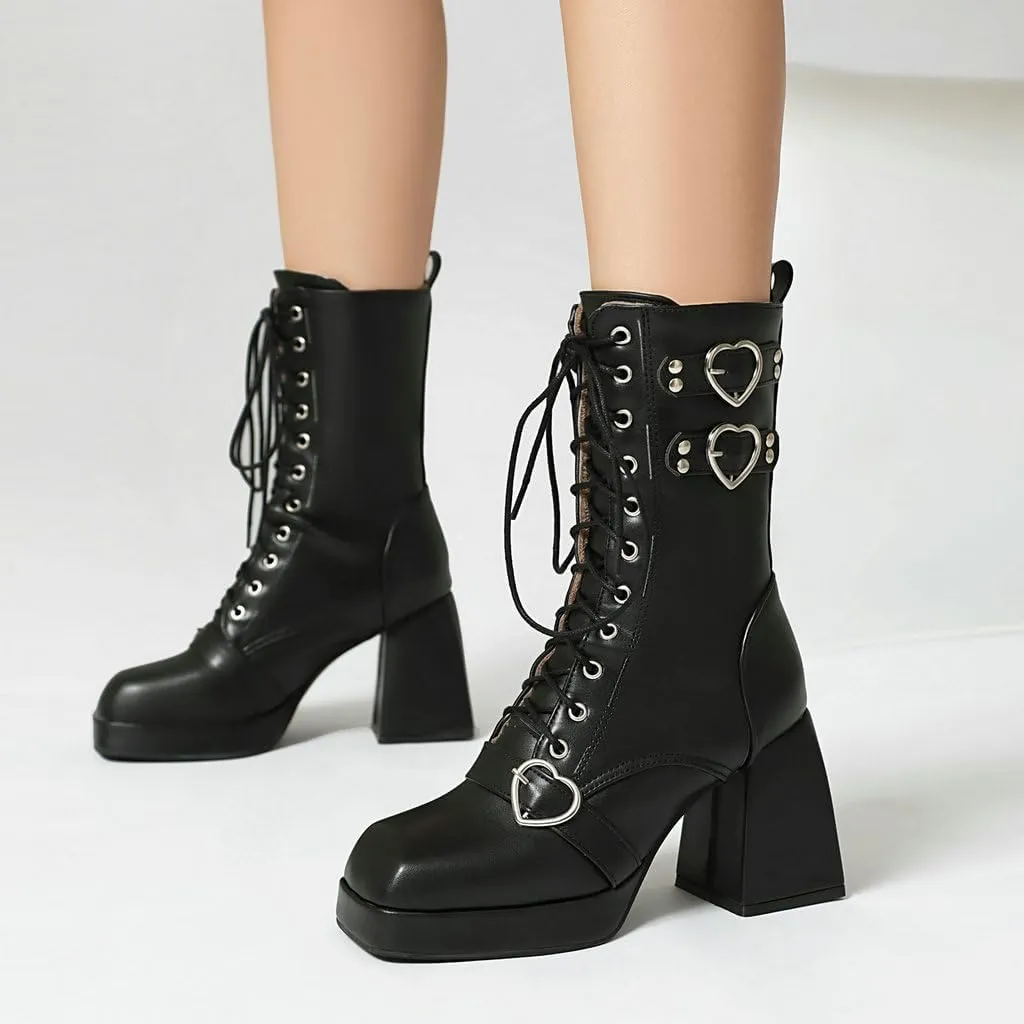DINTAHA Womens Chunky Heeled Combat Boots Goth Platform Boots with Buckles Lace Up Platform Boots Square Toe Gothic Boots