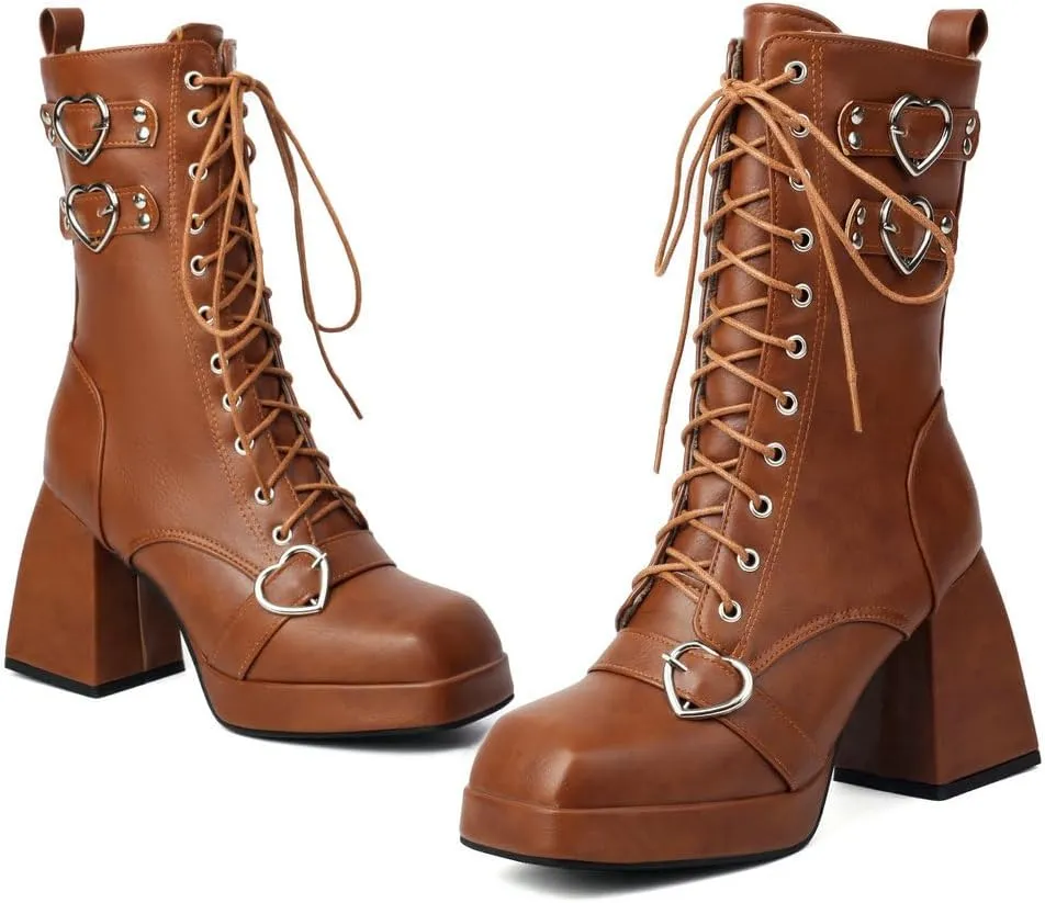DINTAHA Womens Chunky Heeled Combat Boots Goth Platform Boots with Buckles Lace Up Platform Boots Square Toe Gothic Boots