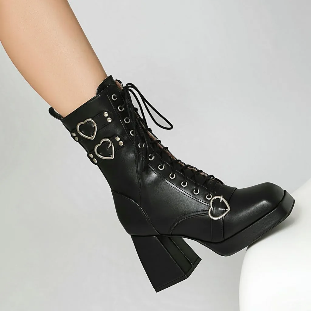DINTAHA Womens Chunky Heeled Combat Boots Goth Platform Boots with Buckles Lace Up Platform Boots Square Toe Gothic Boots