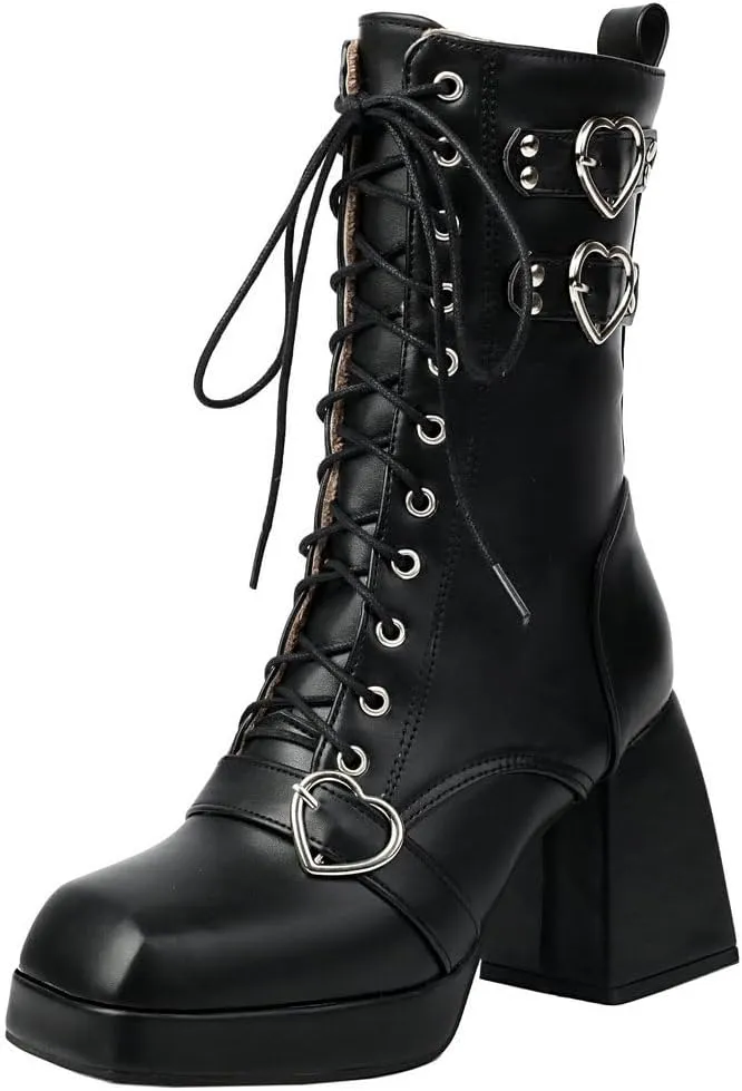 DINTAHA Womens Chunky Heeled Combat Boots Goth Platform Boots with Buckles Lace Up Platform Boots Square Toe Gothic Boots