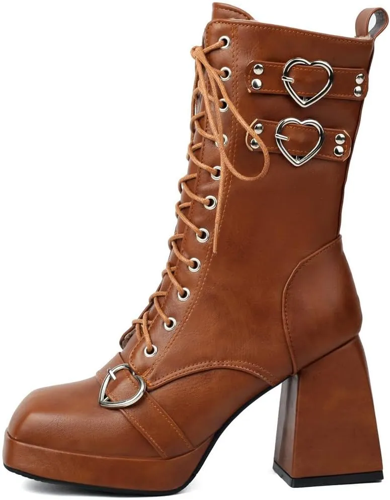 DINTAHA Womens Chunky Heeled Combat Boots Goth Platform Boots with Buckles Lace Up Platform Boots Square Toe Gothic Boots