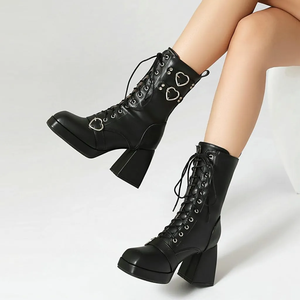 DINTAHA Womens Chunky Heeled Combat Boots Goth Platform Boots with Buckles Lace Up Platform Boots Square Toe Gothic Boots